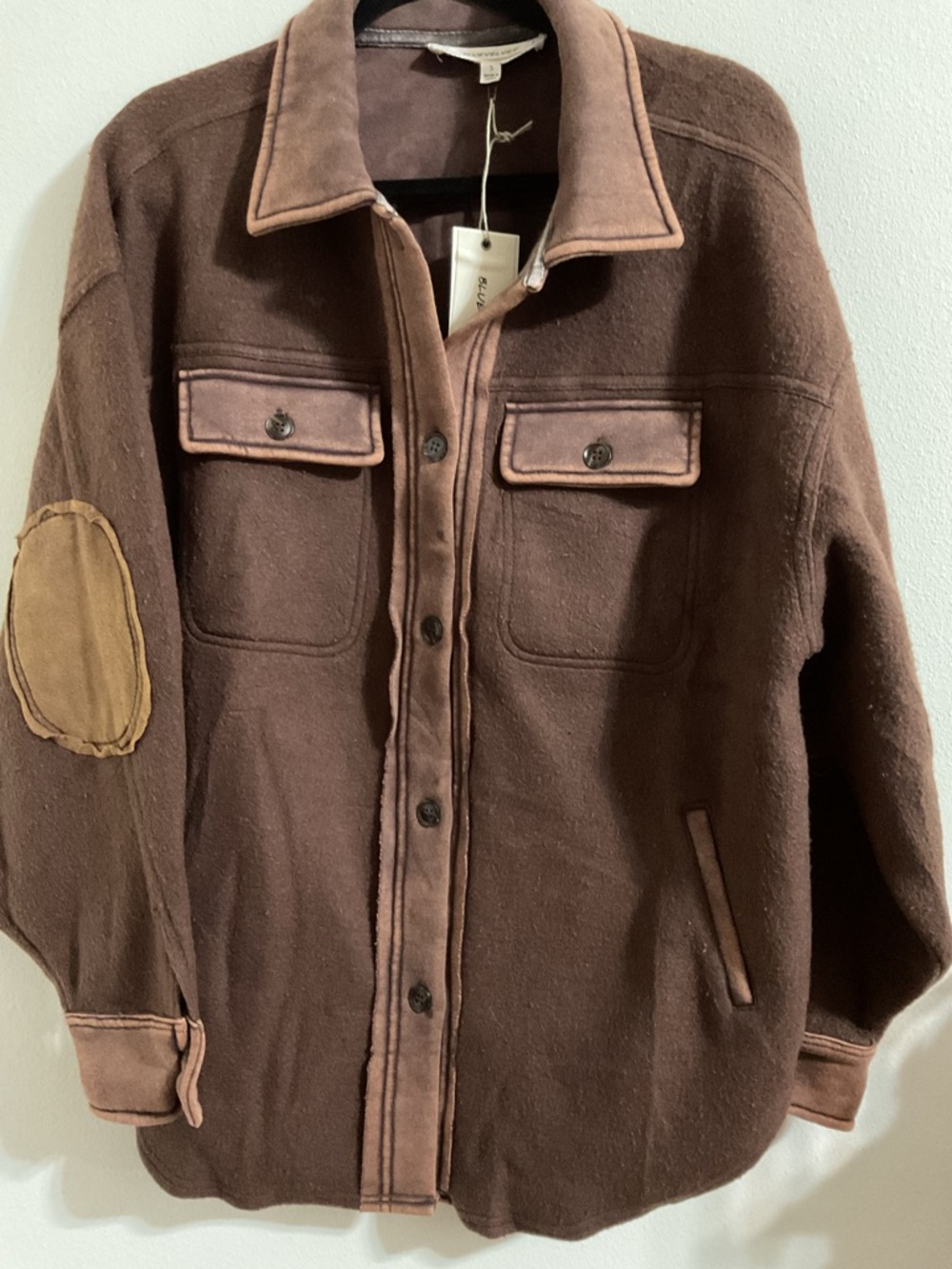 NWT- BlueVelvet SoftFuzzy Button-Up Shacket w/Contrast Trim, Side Pockets, Brown